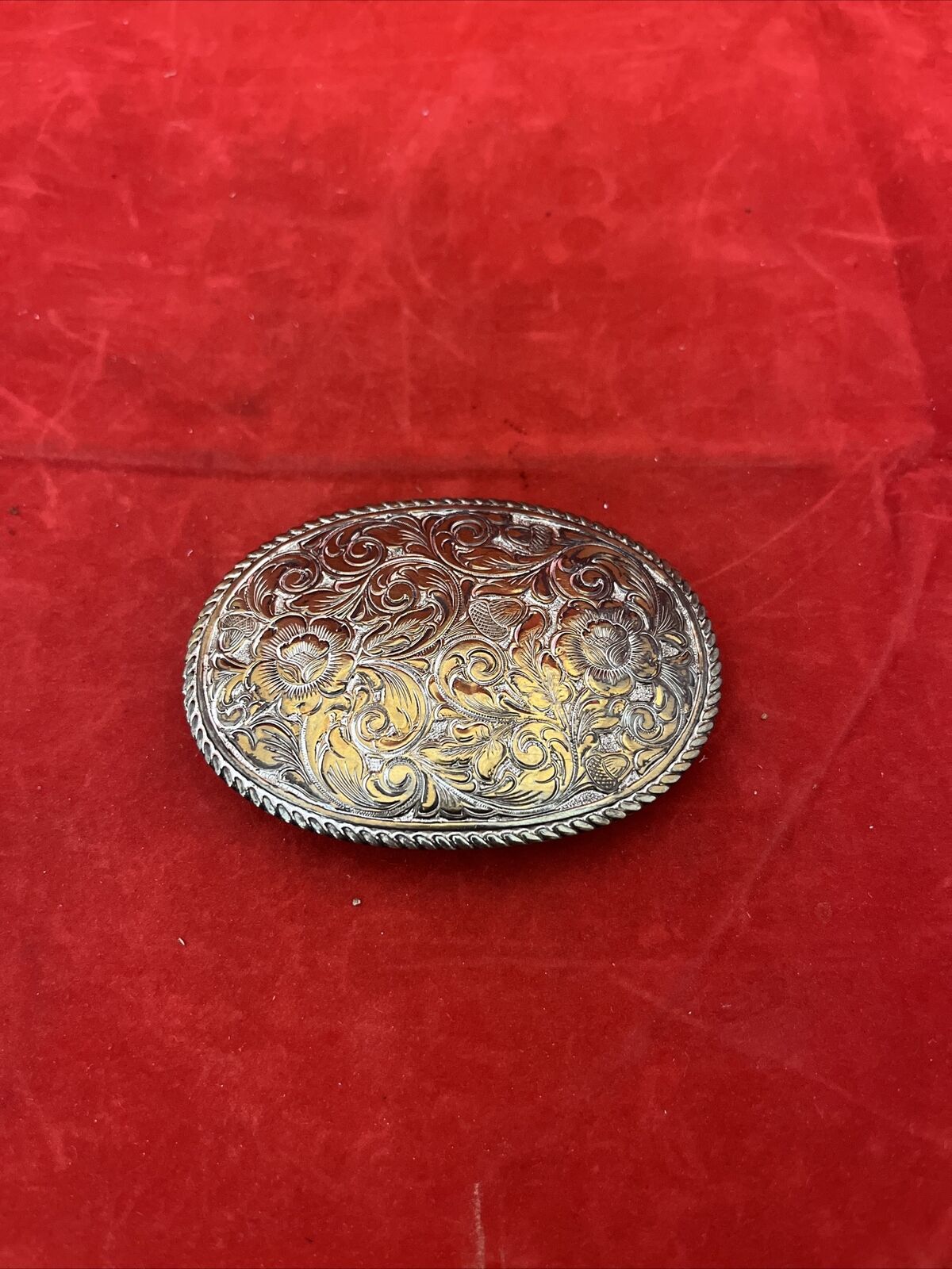 Crumrine El Arturo Bronze Silver Electroplated Floral Pattern 3.5” belt buckle