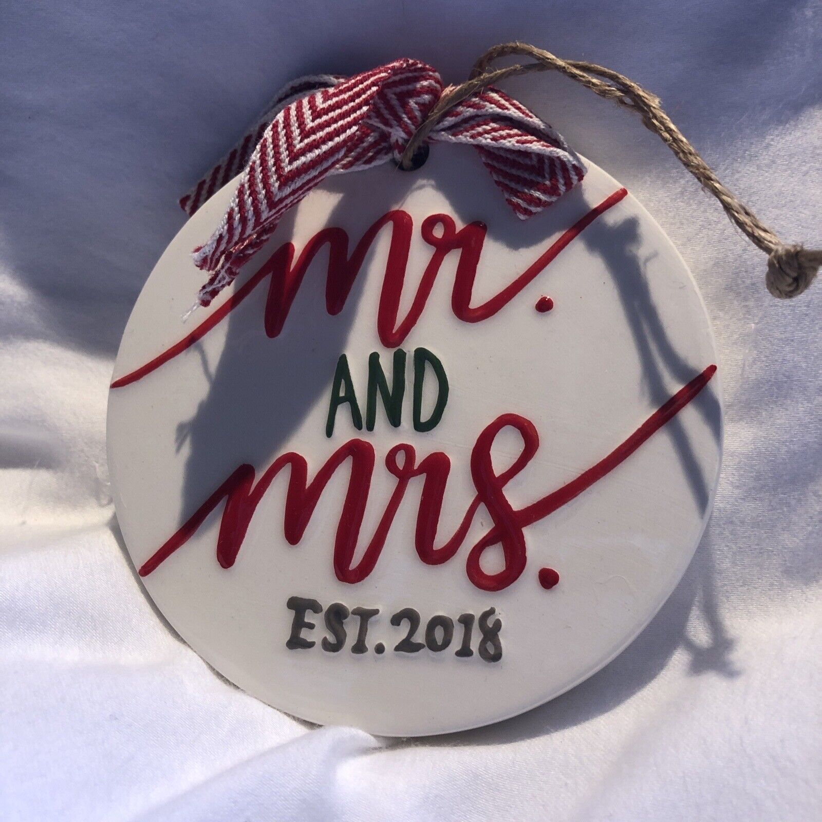 Mr & Mrs 2018 Christmas Ornament Ceramic Red And Green Striped Ribbon 4”