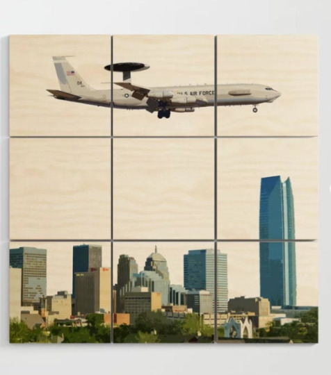 AWACS E-3 Sentry over Oklahoma City art - 3' x 3' Multi-Piece Wood Wall Art