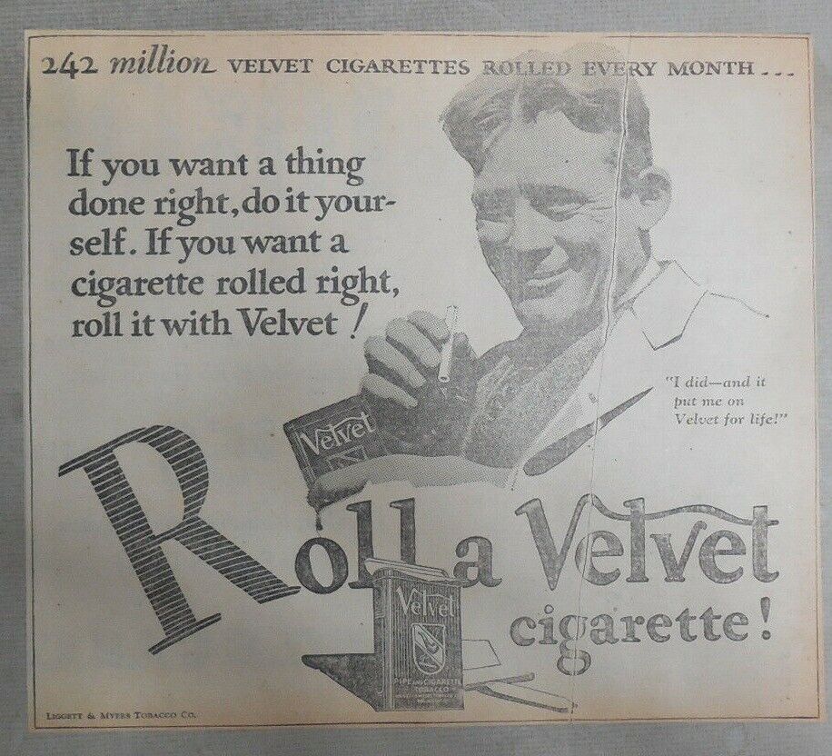 5 Velvet Cigarette Very Early Ads from 1912 Size: 8-9 - 10 x 12 inches
