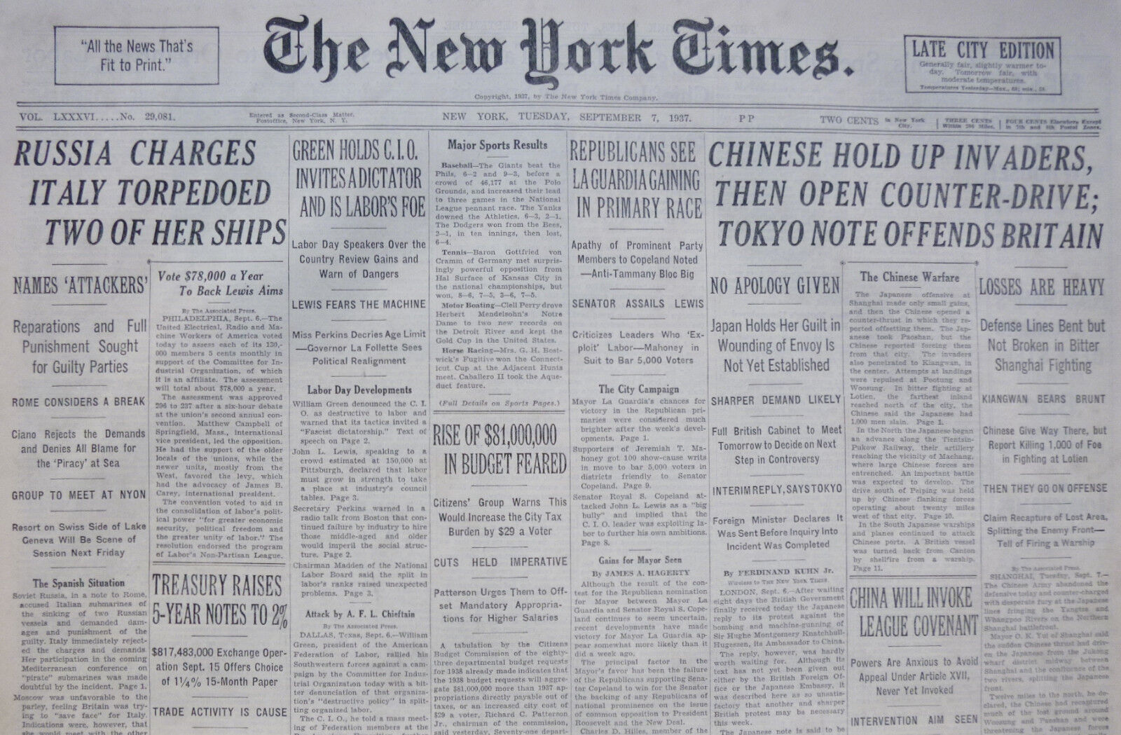 9-1937 September 7 CHINESE HOLD UP INVADERS OPEN COUNTER DRIVE, TOKYO OFFENDS UK