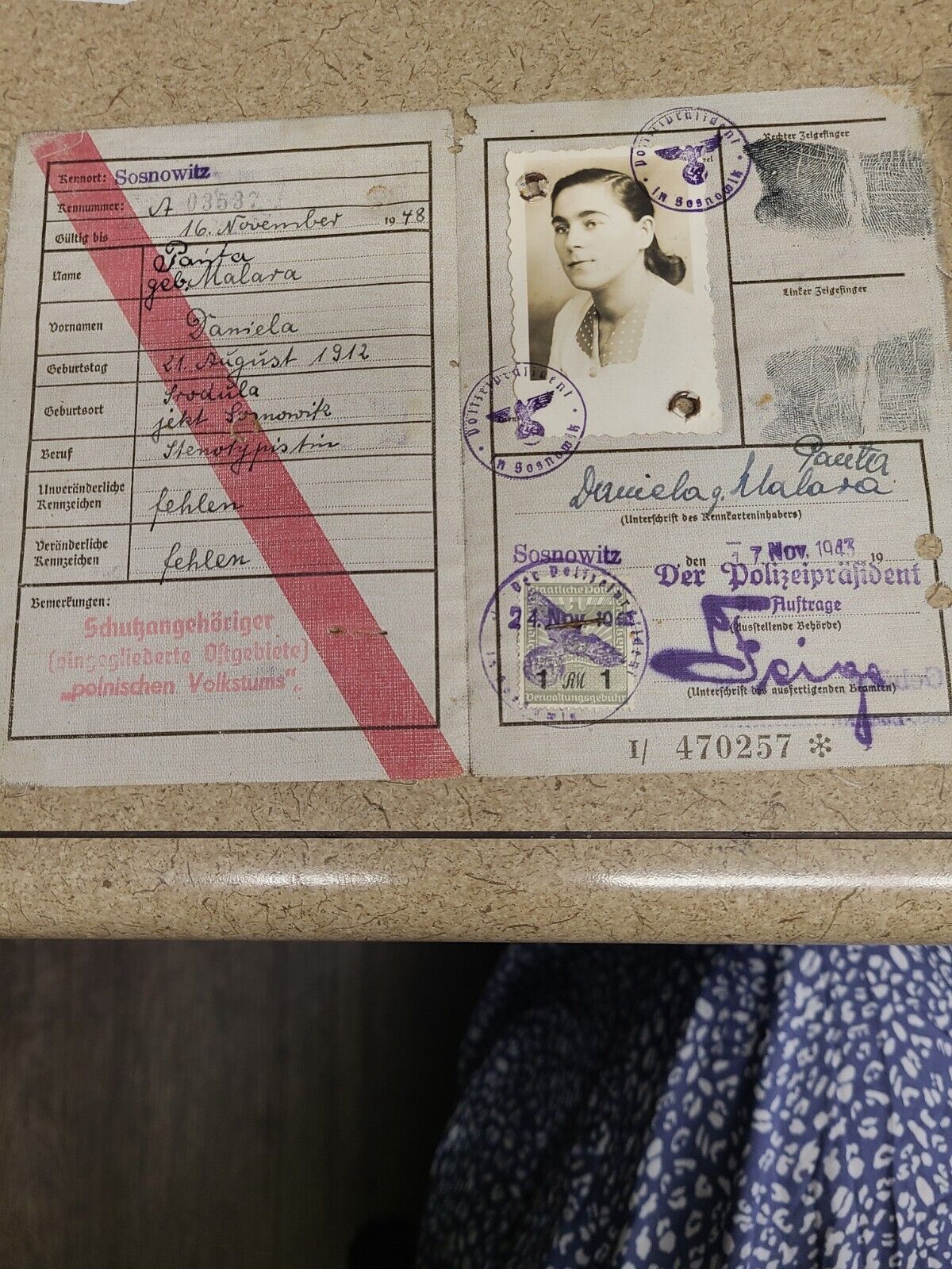 Kennkarte Issued in 1943 to a Polish Woman From Sosnowitz
