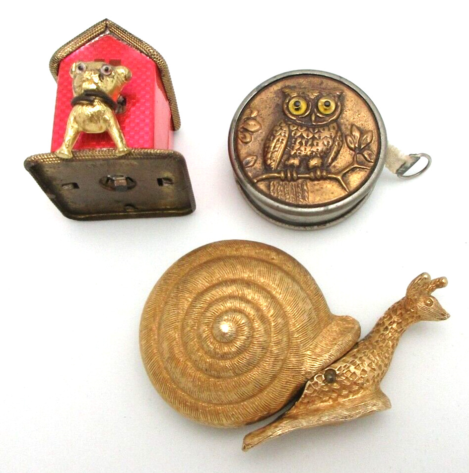 3 Vintage Figural Tape Measure Collection GERMANY FLORENZA Owl, Dog House, Snail
