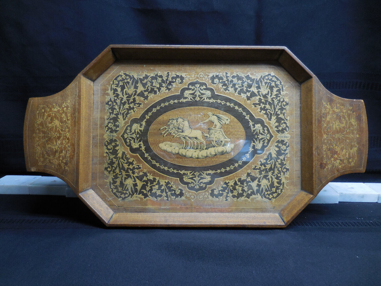 Vintage late 1800s neoclassical Music Box Wood Serving Tray, plays “O Sole Mio”