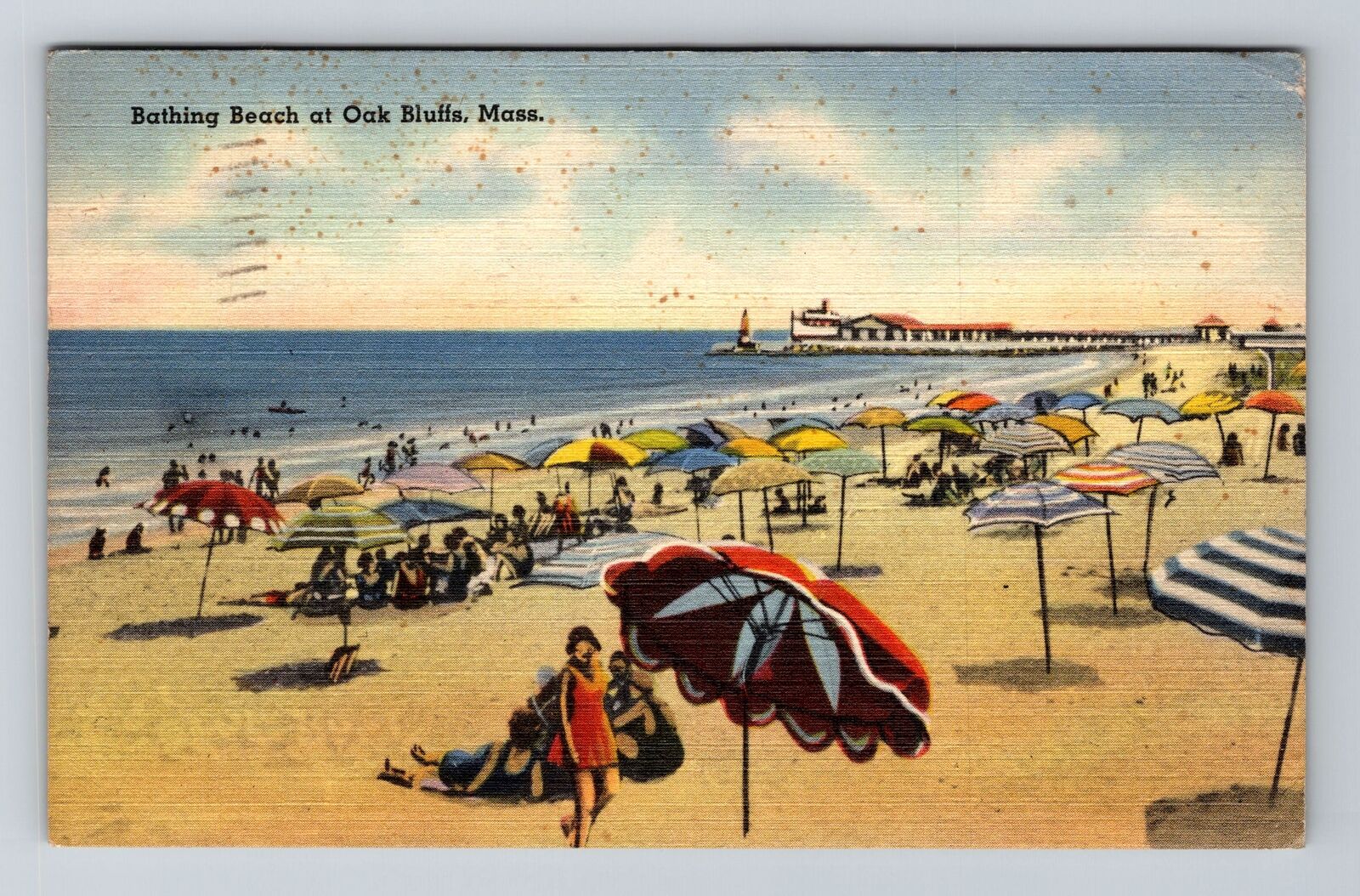 Oak Bluffs MA-Massachusetts, Bathing Beach Scene, c1945 Vintage Postcard