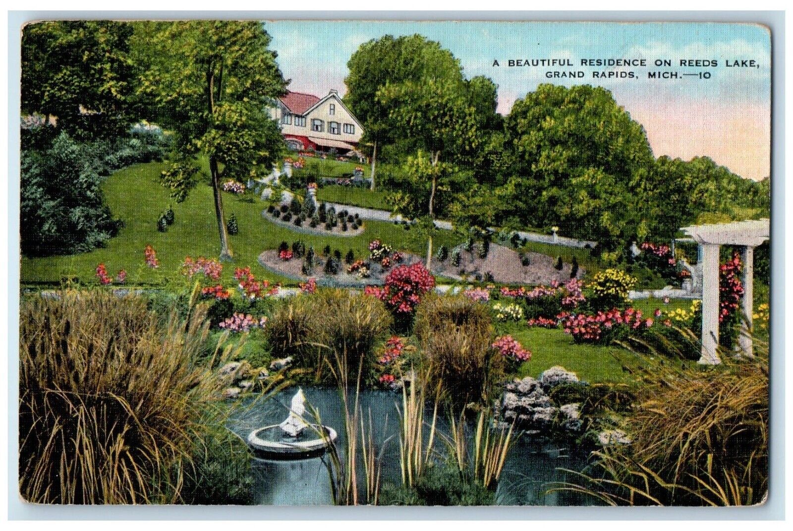 c1940 Beautiful Residence Reeds Lake Flowers Pond Grand Rapids Michigan Postcard