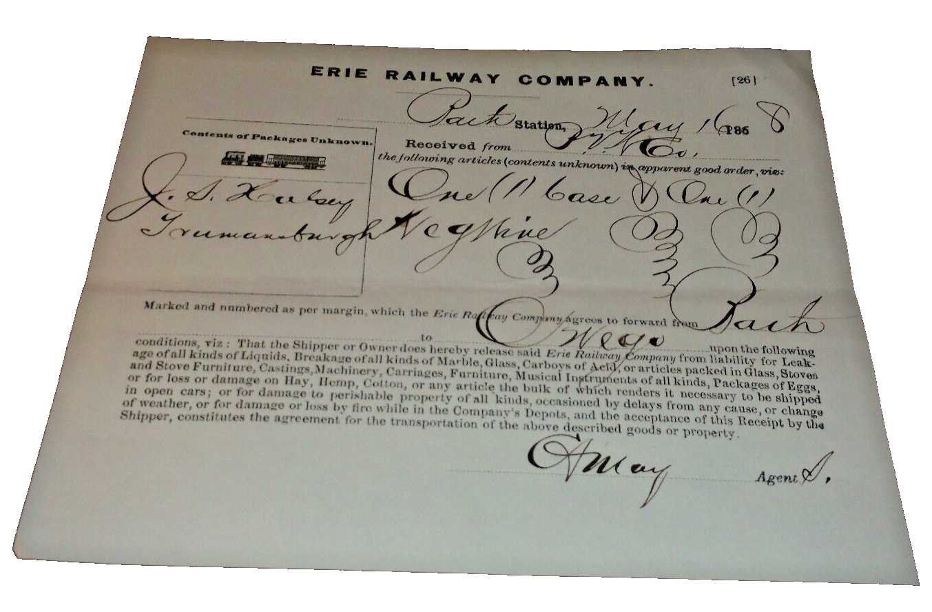 MAY 1868 ERIE RAILWAY BATH, NEW YORK FREIGHT RECEIPT B