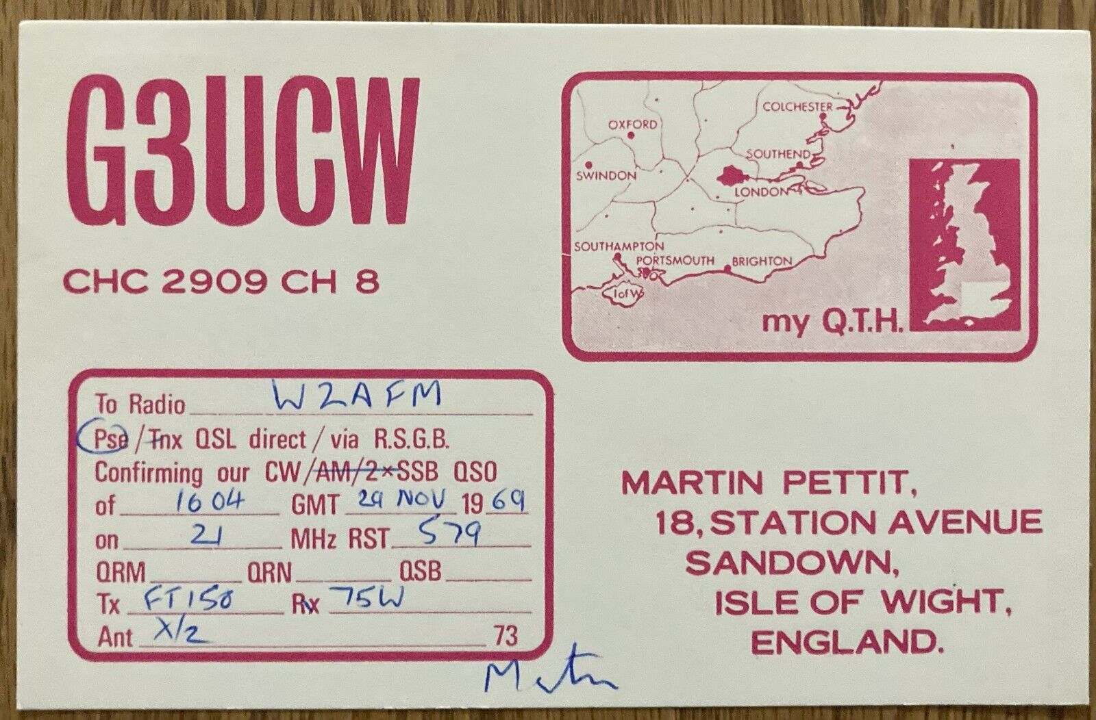 QSL Card  Sandown Isle of Wight England Martin Pettit  G3UCW  1969  Map Postcard