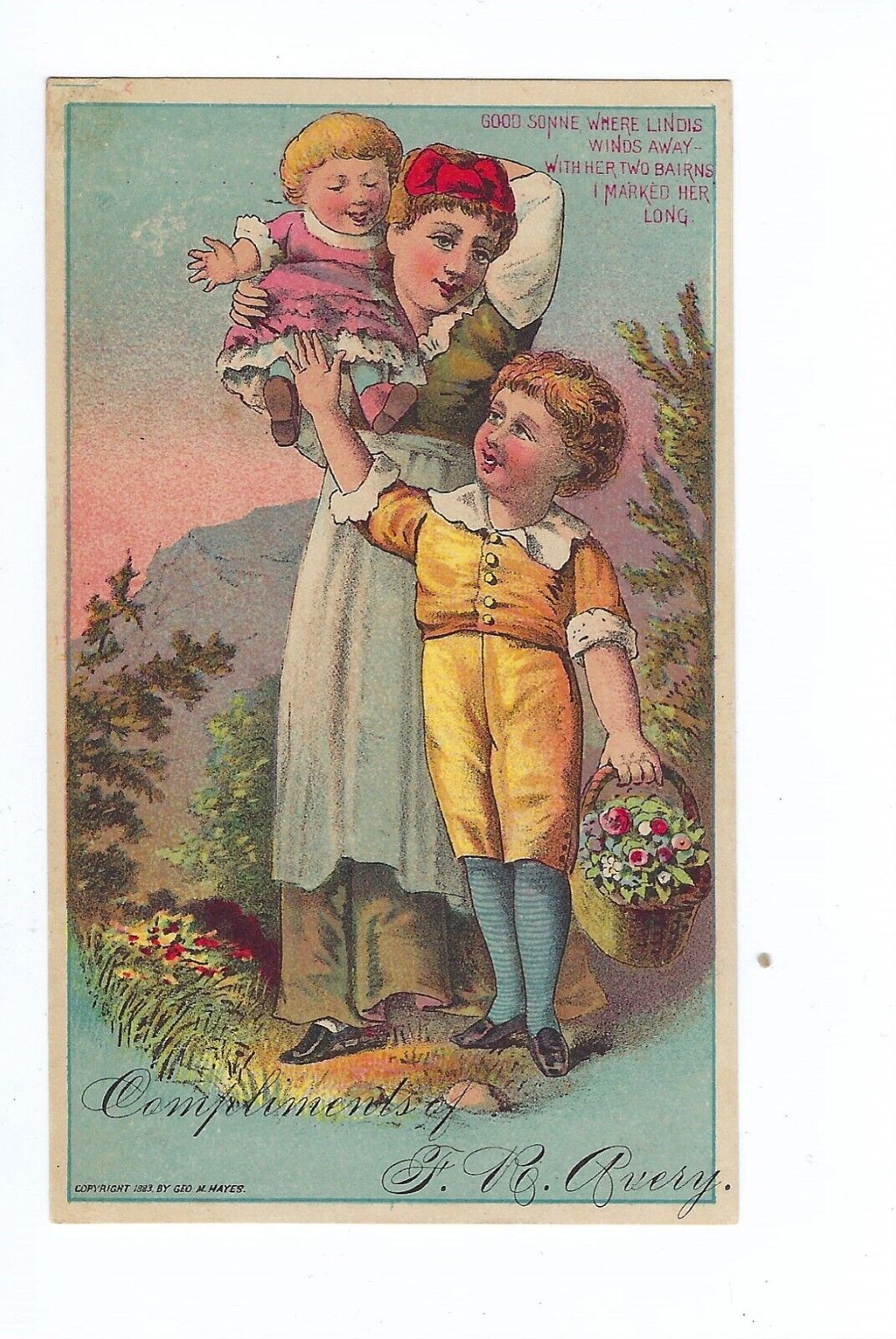 F.R. Avery Trade Card Victorian Lady Red Hair Bow & Children Westfield Mass.