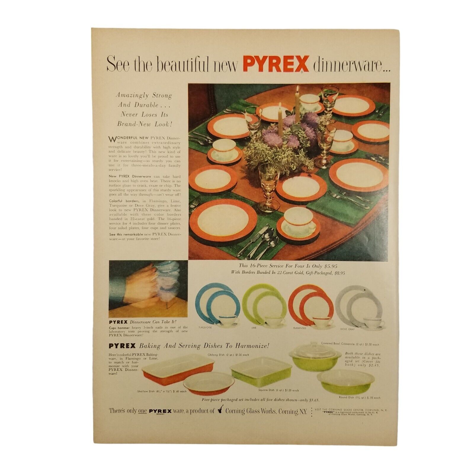 1953 Pyrex Dinnerware Vintage Print Ad Strong And Durable Harmonized With Baking