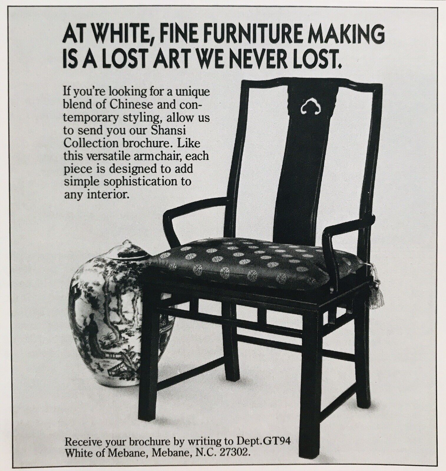 1984 PRINT AD White of Mebane Chair Shansi Collection VINTAGE 5.5” PROMO