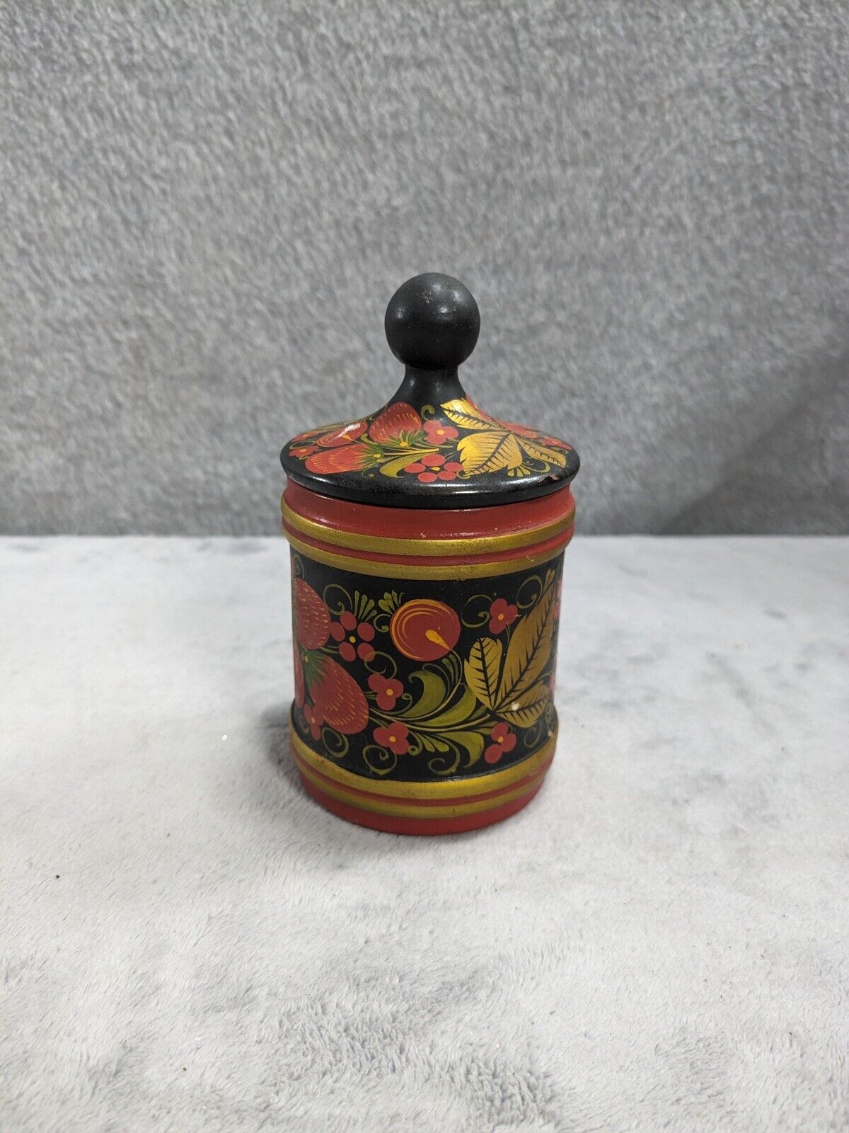 Vintage Russian Handpainted Khokhloma Canister With Lid Strawberries Flowers 5\