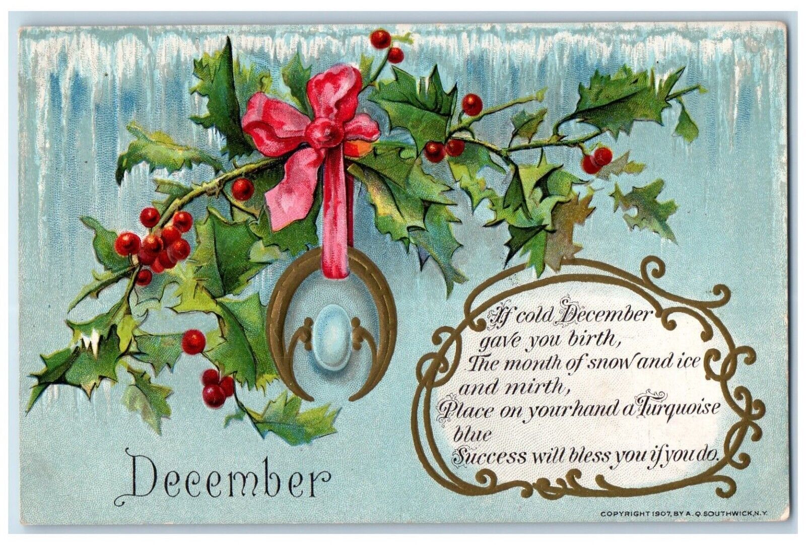 Christmas Postcard December Holly Berries Embossed 1908 Posted Antique