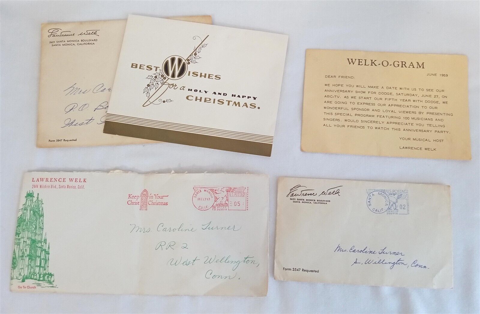 Vintage Lawrence Welk Paper Lot Christmas Card, Welk-O-Gram, Empty Envelope 