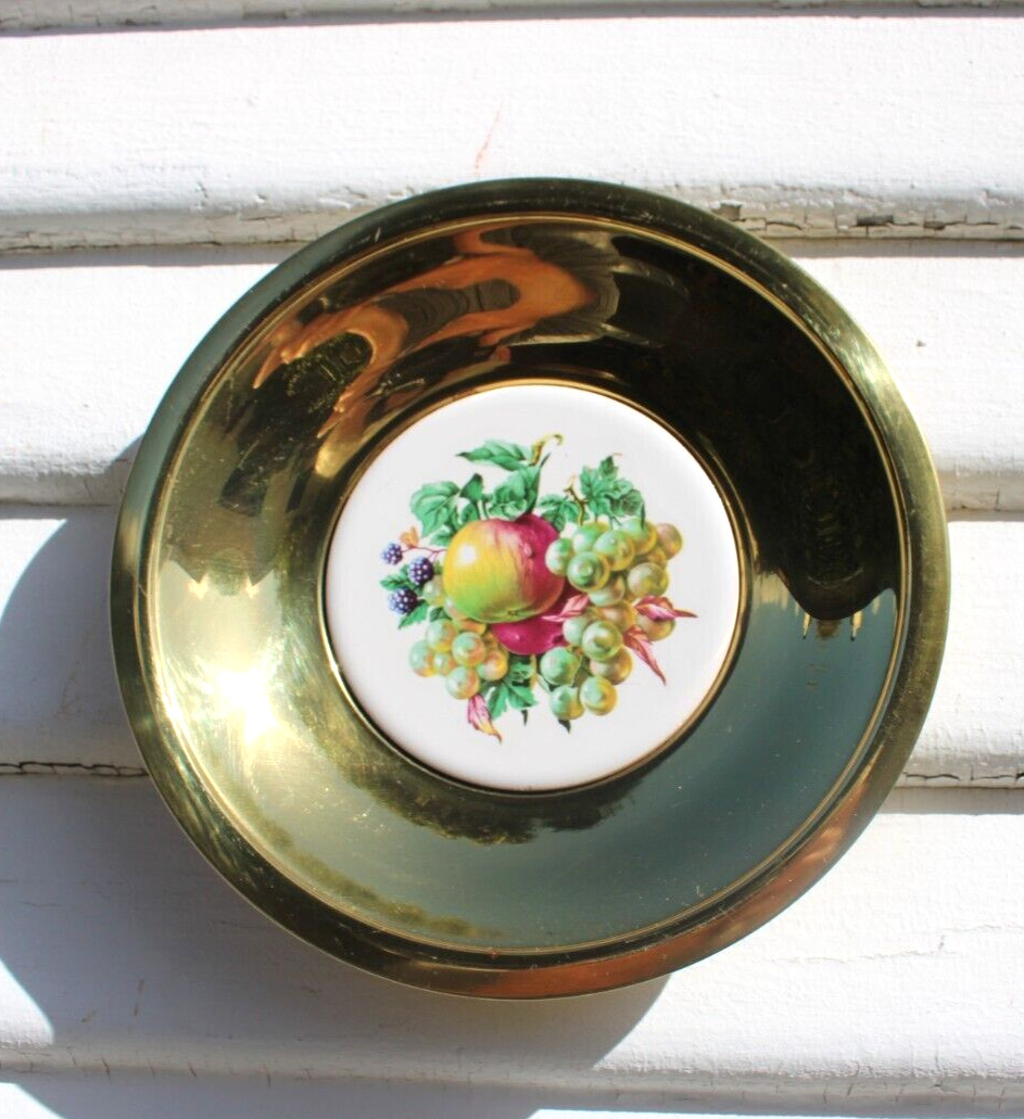 Vintage Brass and Porcelain Regency Wall Hanging Plate Apple/Grapes-England