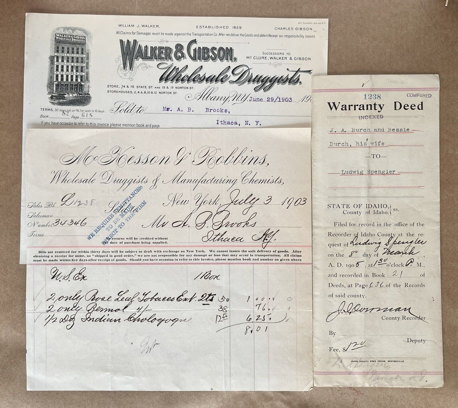 Antique Vtg Paper Bill Head 1903 Warranty Deed 1905 Ephemera Idaho NY Lot Of 3