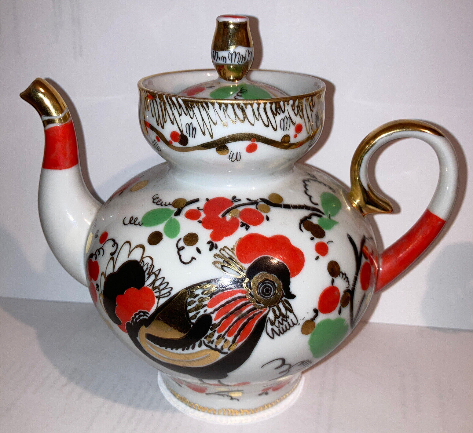 Vintage Russian USSR Lomonosov Factory Rooster Teapot Porcelain Excellent