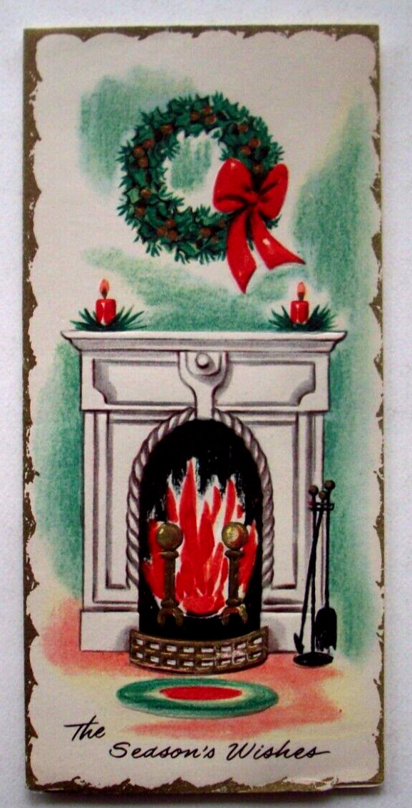 Wreath above fireplace embossed vintage Christmas Greeting Card *HH4
