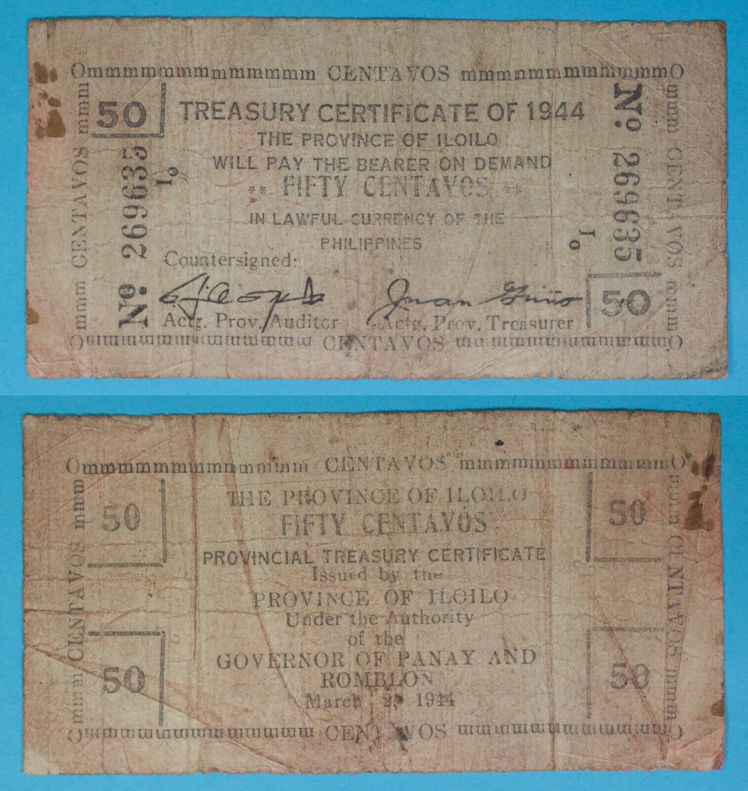 1944 Philippines ~ Iloilo, Panay 50 Centavos ~ WWII Emergency Note ~ ILO-254