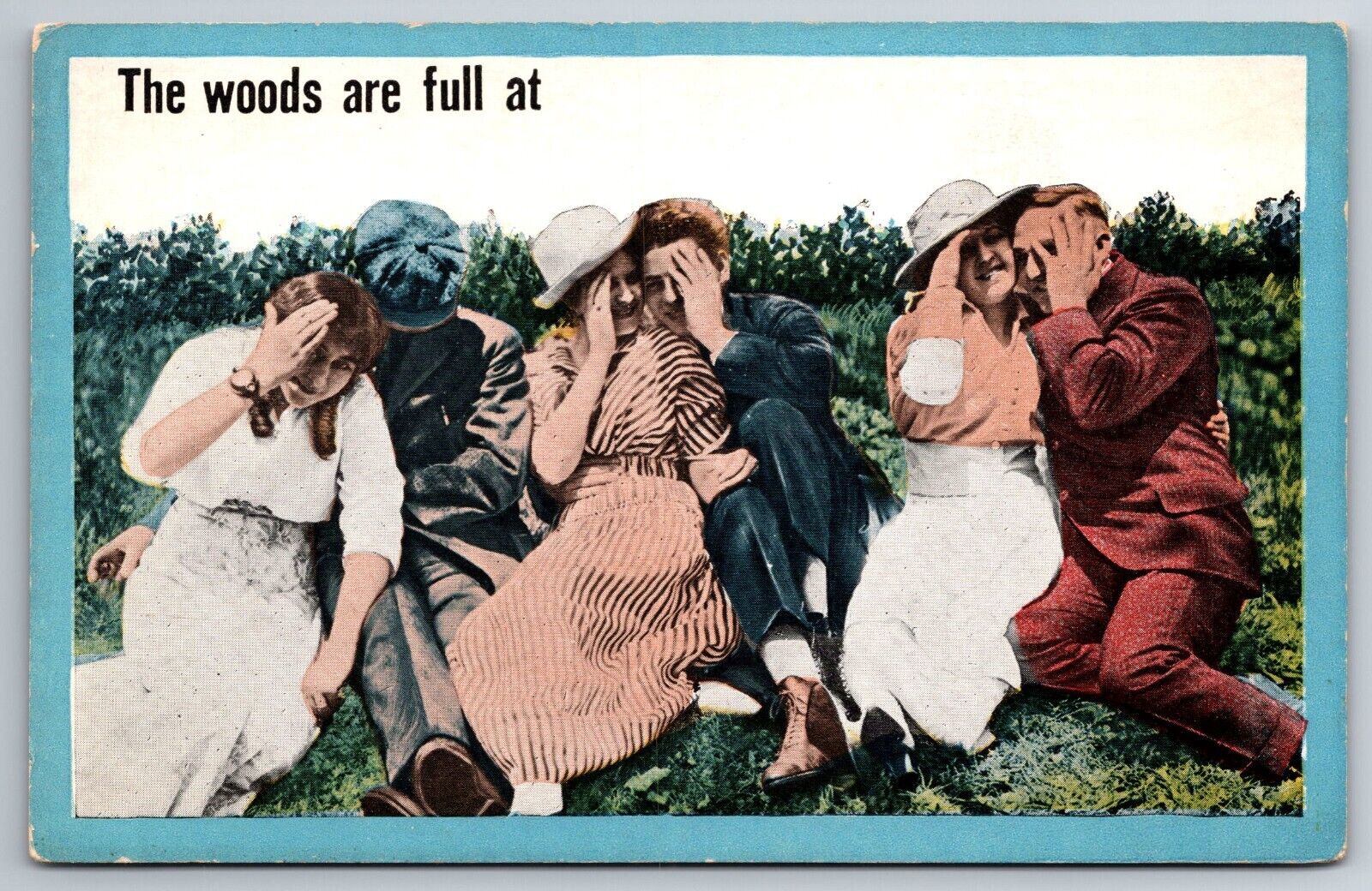 Vintage Postcard Humor Funny Cartoon Young Couples Hiding in Field ~11624