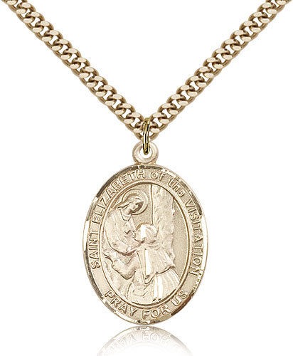 Saint Elizabeth Of The Visitation Medal For Men - Gold Filled Necklace On 24...