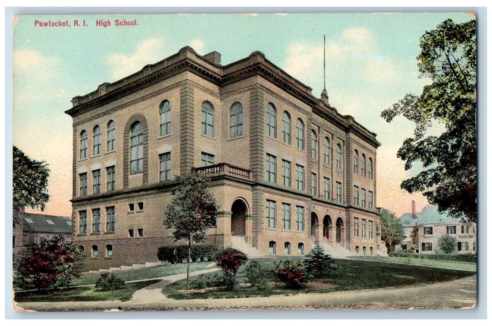 Pawtucket Rhode Island RI Postcard High School Building Exterior c1910\'s Trees