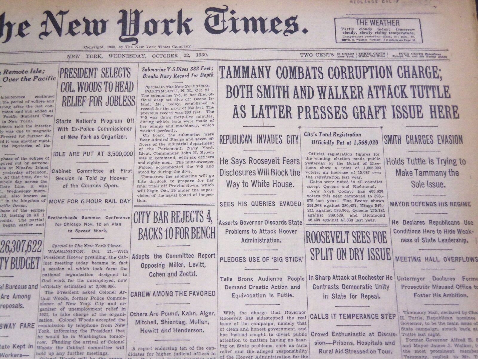 1930 OCT 22 NEW YORK TIMES - TAMMANY COMBATS CORRUPTION CHARGE - NT 4969