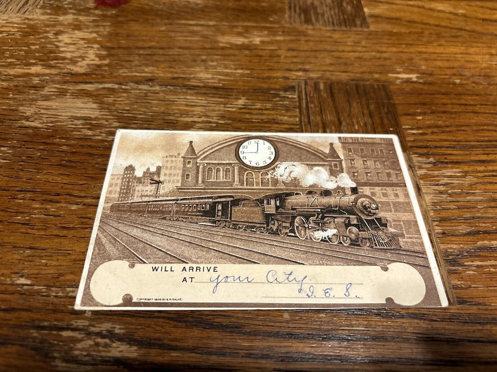 1910 Postcard Meet Me Arrival Time Train - Iowa Central Railroad Sheffield IA