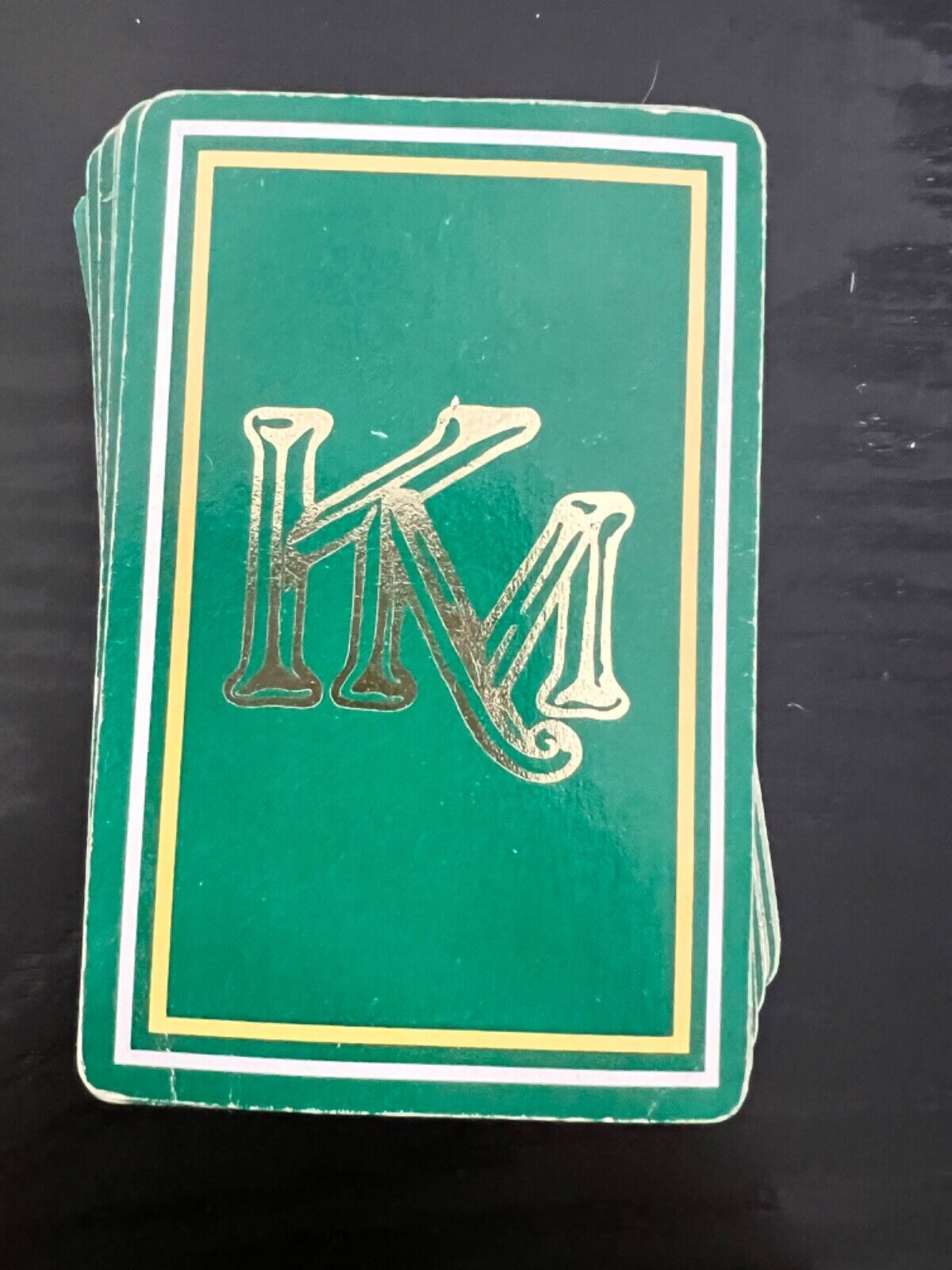 Vintage Green & Gold Monogram Playing Cards “KM” Monogram Gemaco Complete Deck