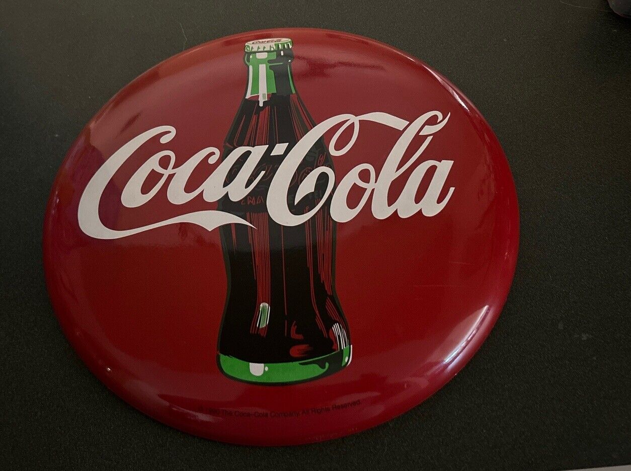 Vintage 1990 Coca Cola Button 20” Round Red Metal Button Tacker Type Style Sign