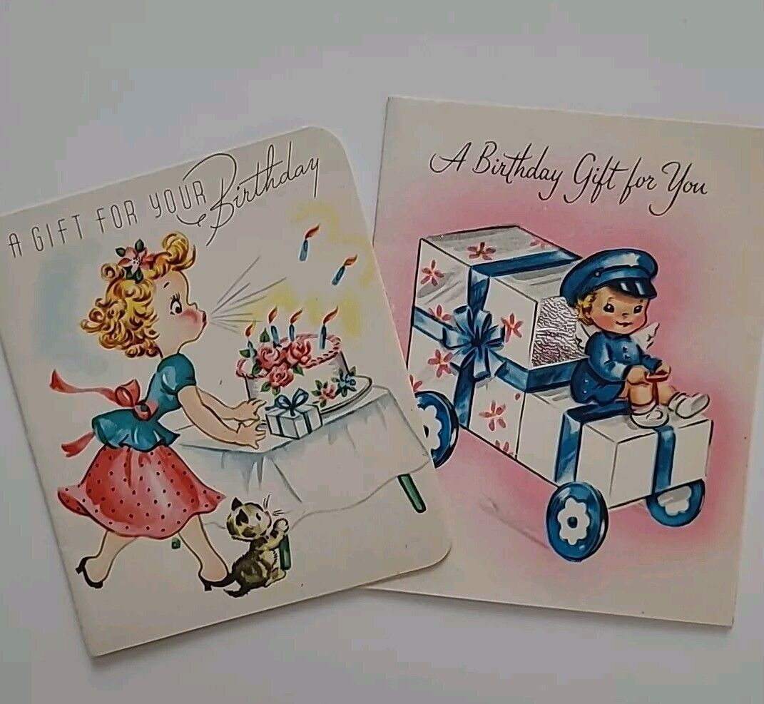 2 UNUSED Vtg GIRL Kitten Cake Fairy Delivery Truck BIRTHDAY GIFT Greeting CARDS