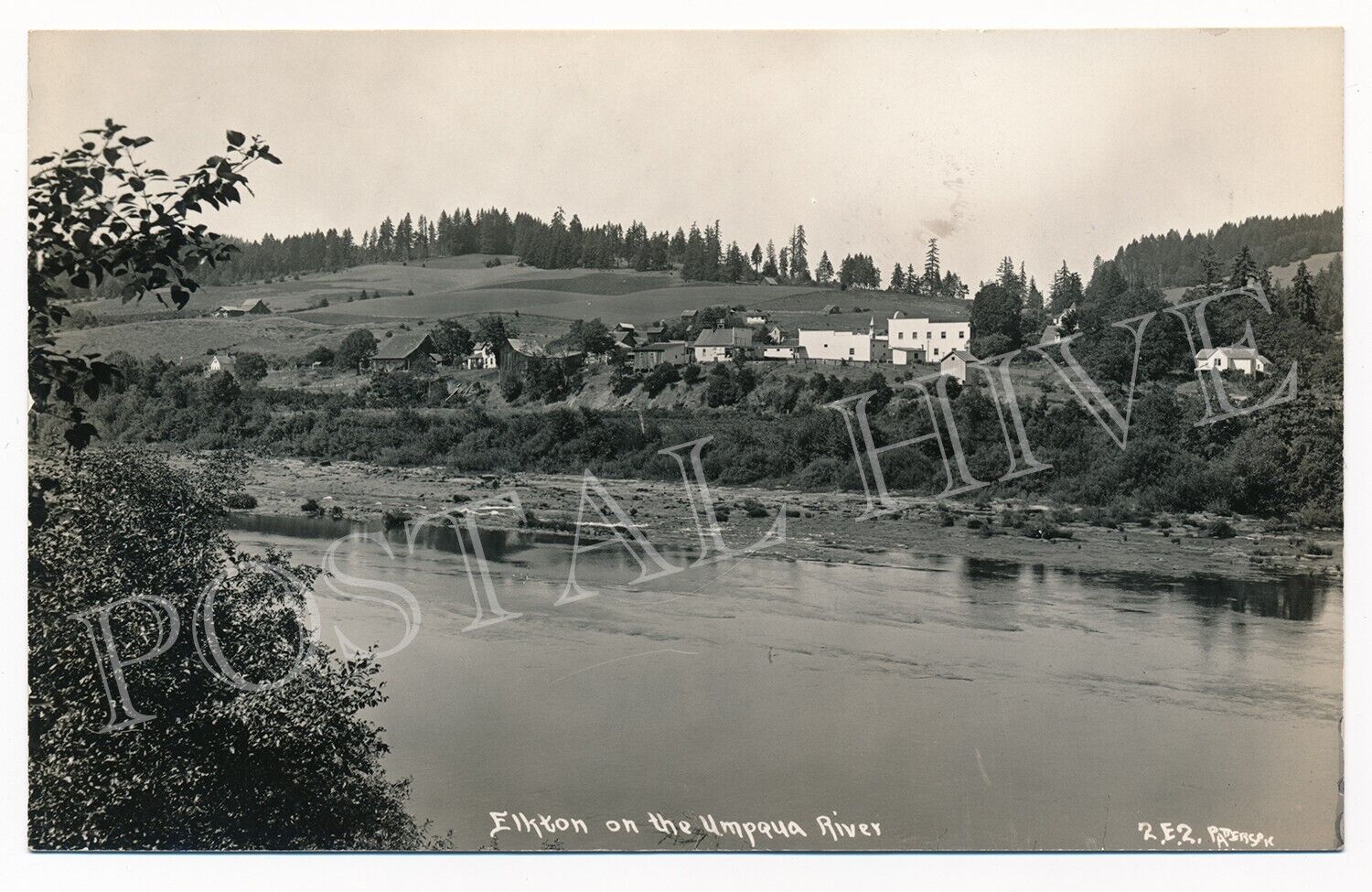 ELKTON Oregon OR RIVER SCENE Town & Farm View Umpqua River Drain Real Photo RPPC