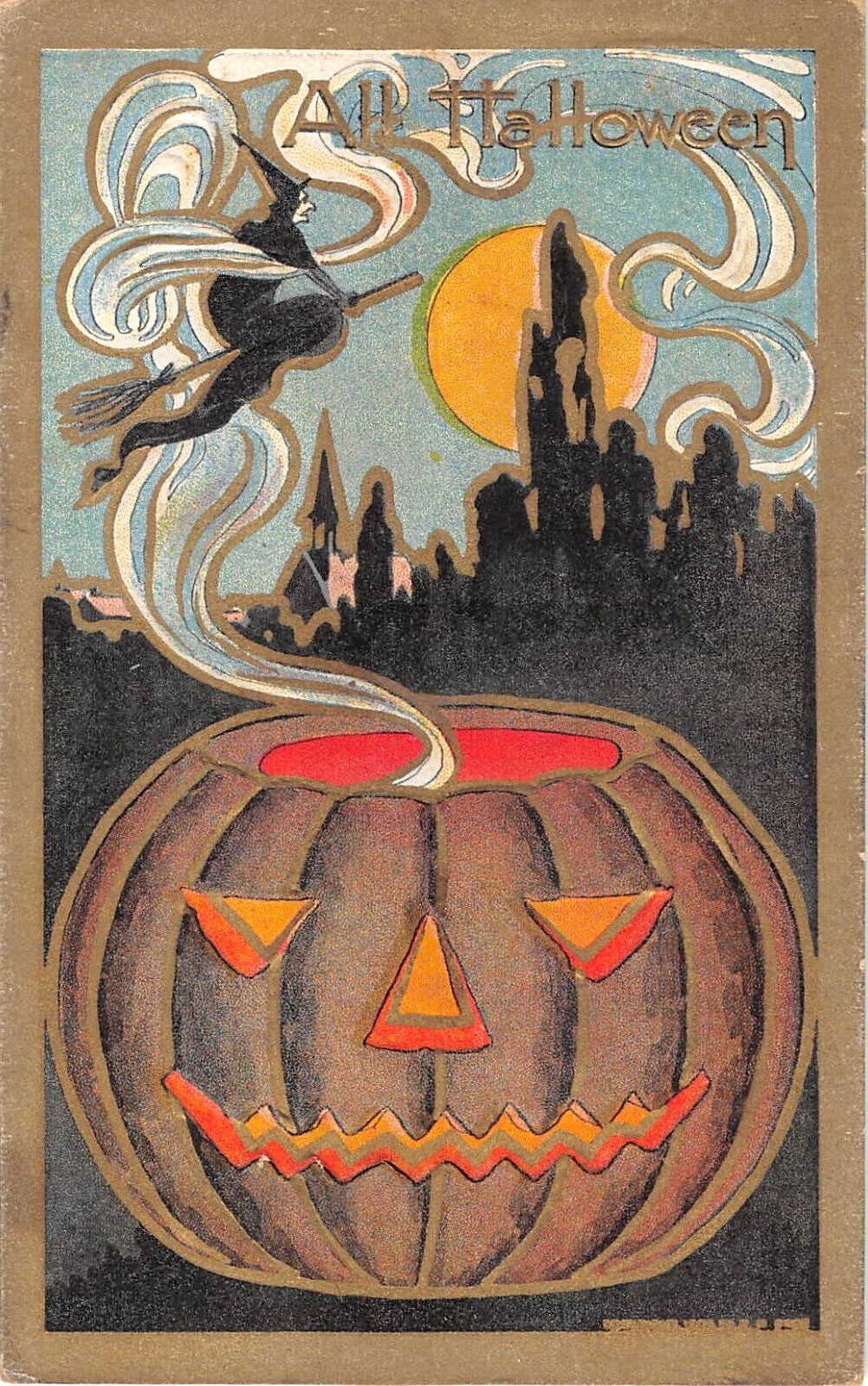 1912 Large Jack O\' Lantern & Witch Halloween post card