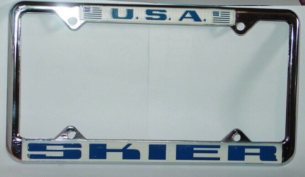 U.S.A. SKIER VINTAGE 1970's METAL LICENSE PLATE FRAME USA SKI SKIING NOS