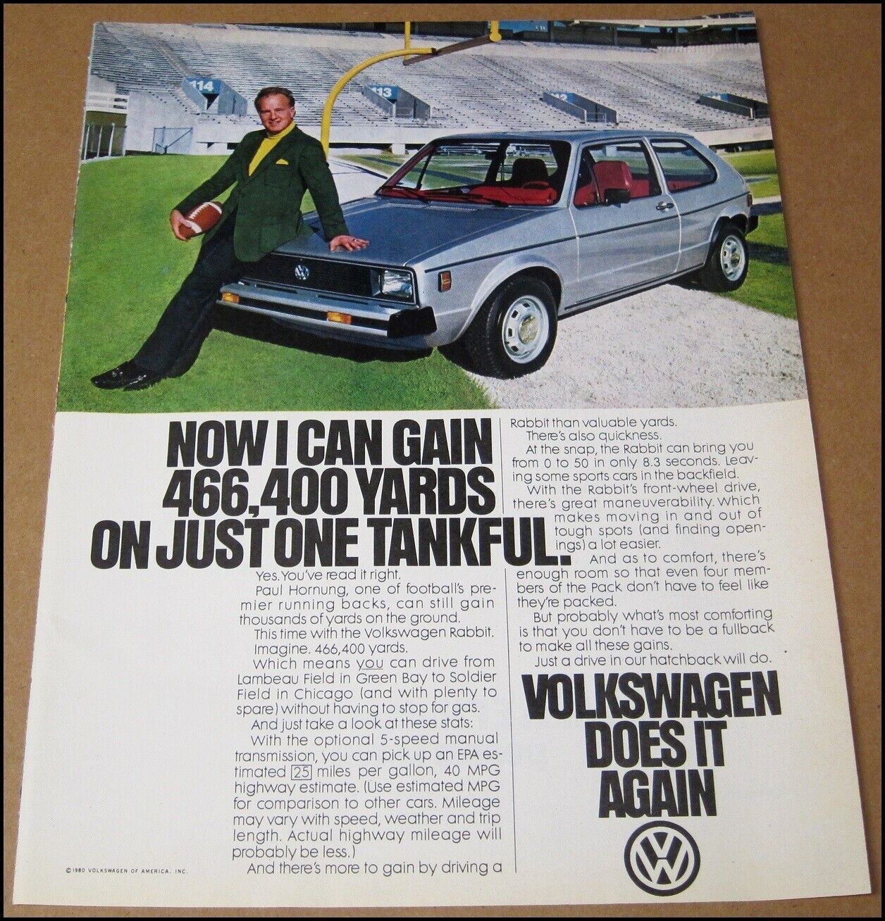 1980 Paul Hornung Volkswagen Rabbit Print Ad Car Advertisement Green Bay Packers