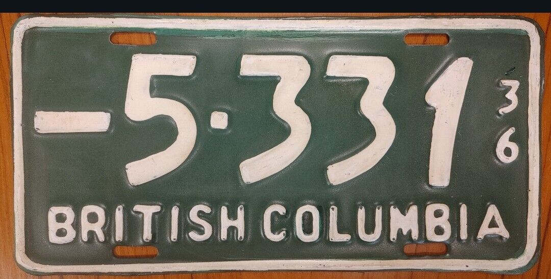 **1936 BRITISH COLUMBIA License Plate **  #5531  Restored... 4 Digit