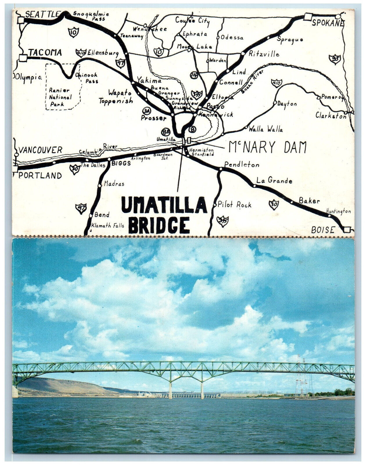 Umatilla Oregon OR Postcard Umatilla Bridge McNary Dam Map View c1950\'s Vintage