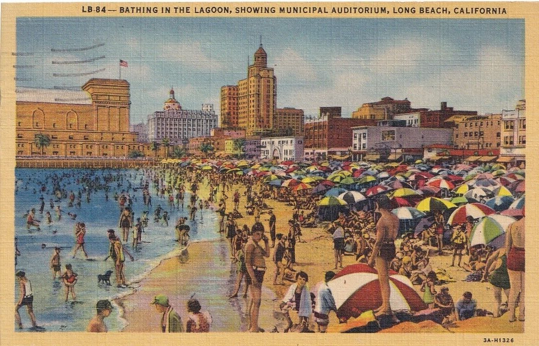 Bathing in the Lagoon, Showing Municipal Auditorium, Long Beach, CA. Linen 1950