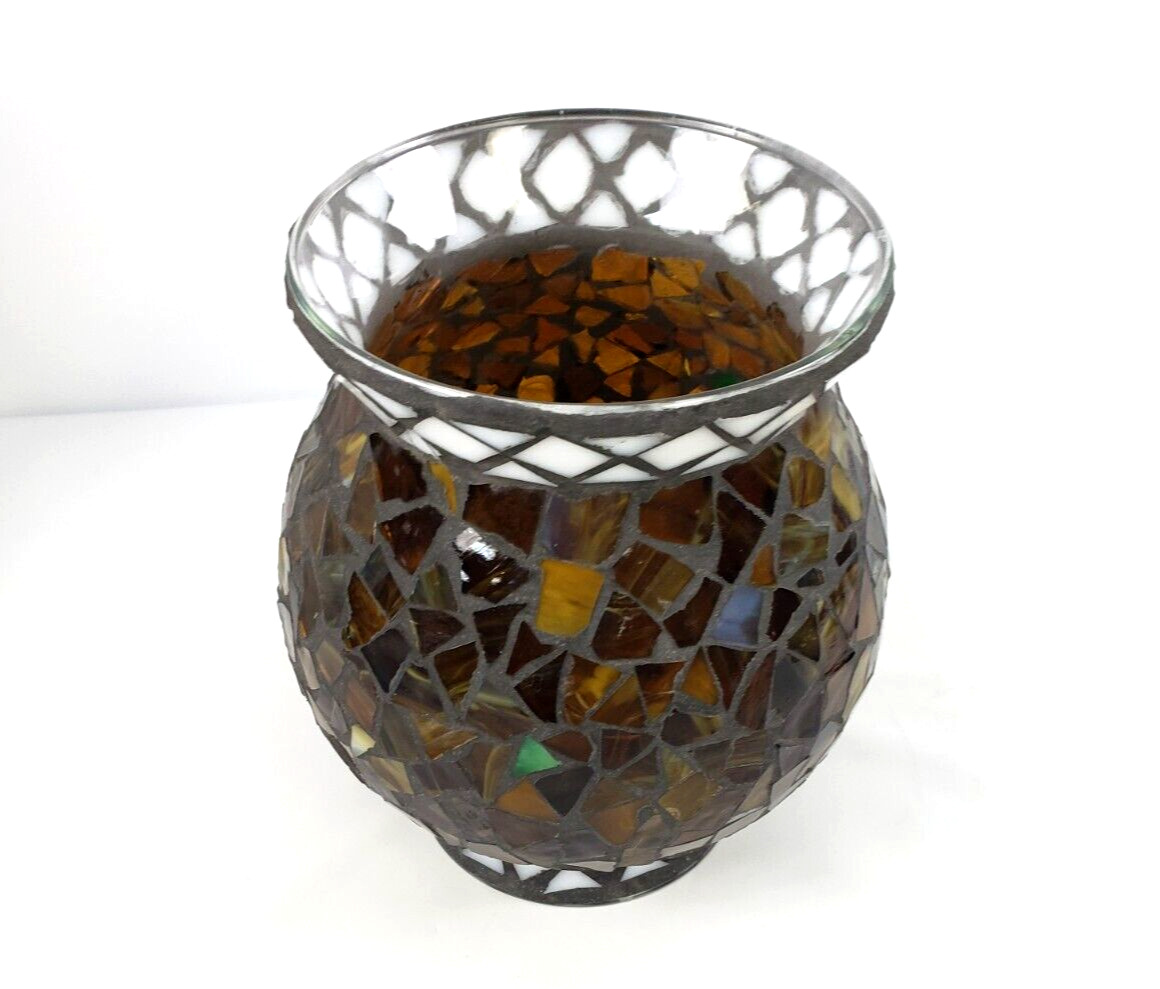 Home Interiors Large Hurricane Lantern Glass Mosaic Vase Candle Holder 7.5in h