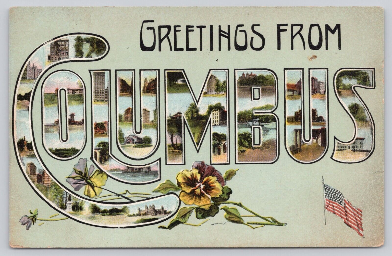 Greetings From Columbus  Ohio 1908  Flag Flowers Theochrom  Postcard *a6
