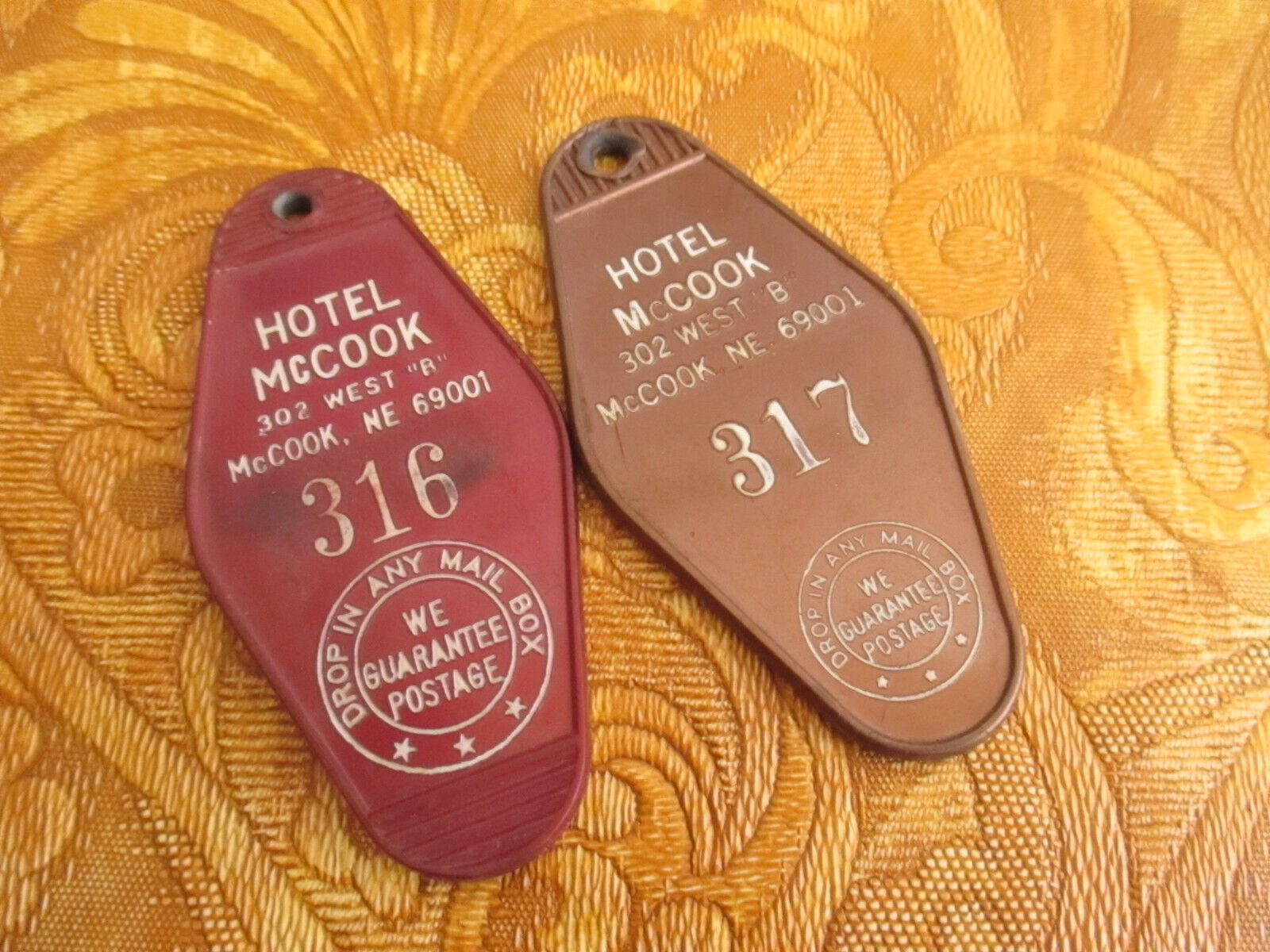 Lot 2 Vintage Hotel Key Togs for Keychain - McCook Nebraska advertising