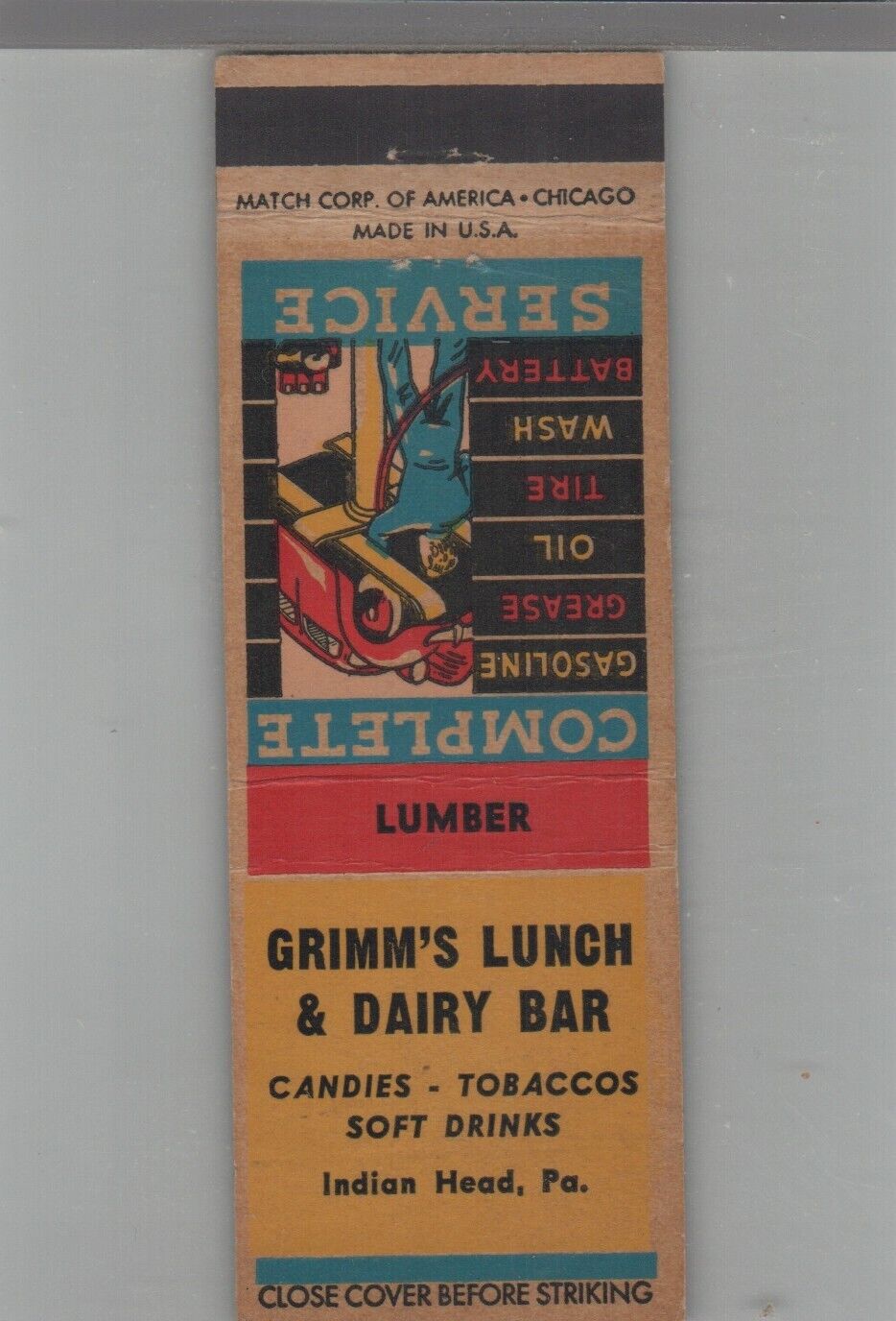 Matchbook Cover - Vintage Gas Station Grimm\'s Lunch & Dairy Bar Indian Head PA