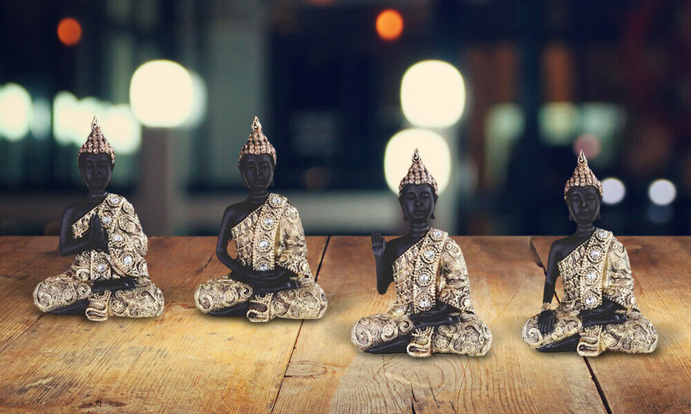 4-Piece Gold & Black Miniature Praying Buddha in Different Poses 4.75\