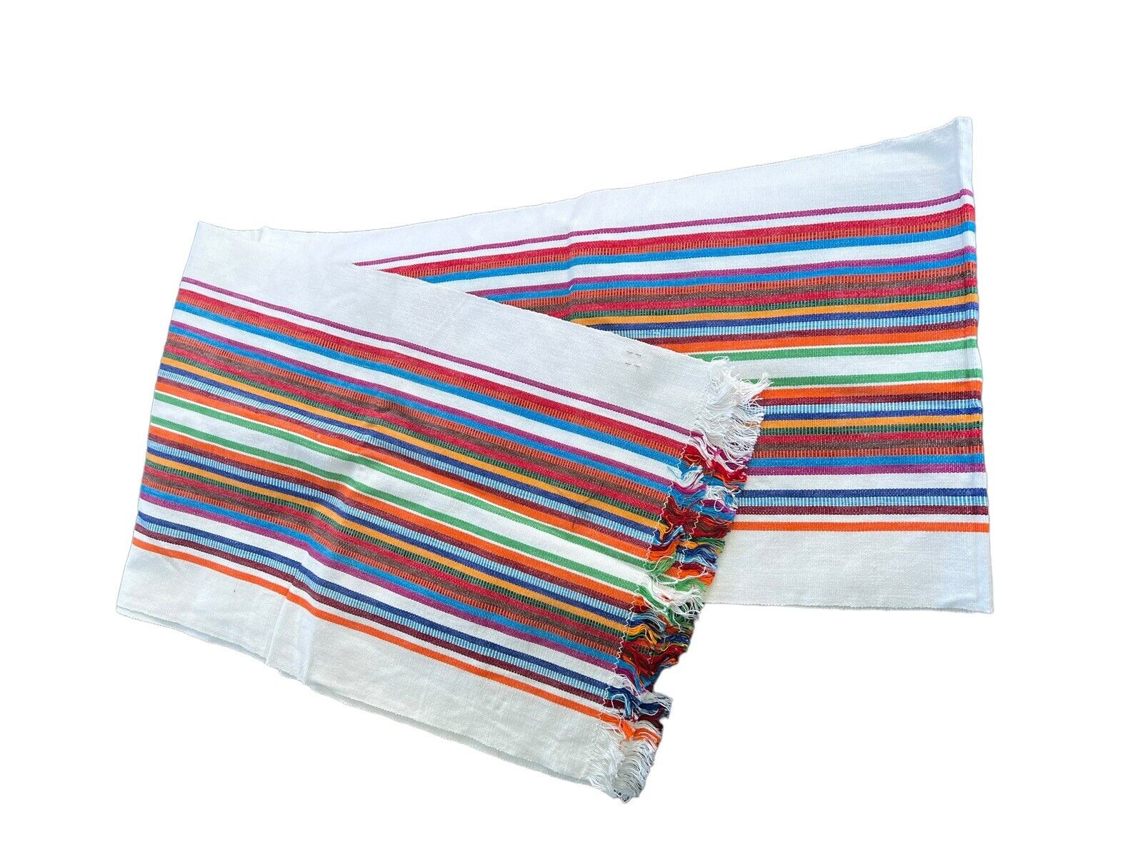 Vtg Handmade Guatemalan Handwoven Rainbow Striped Table Runner 8ft