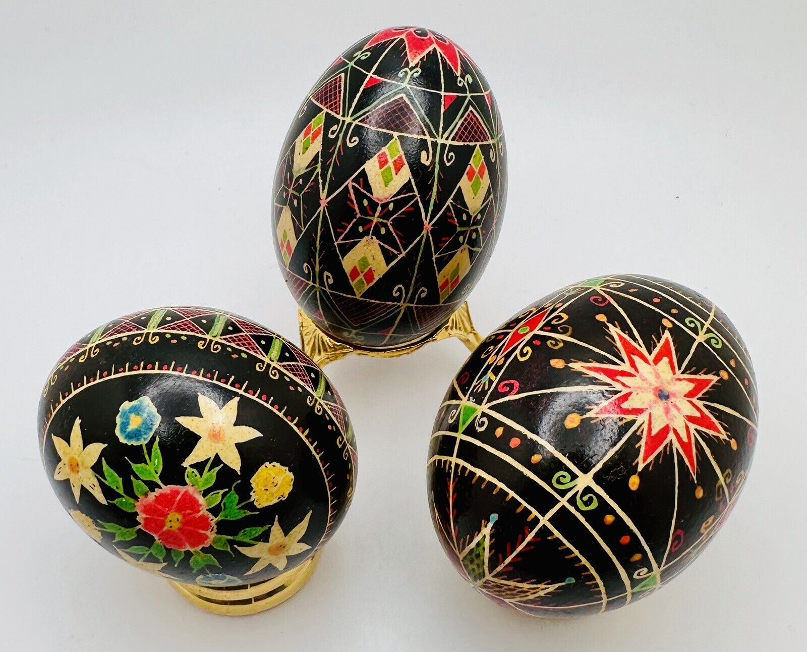Pysanky Handpainted Polish Ukrainian Set Of 3 Vintage Easter Real Chicken Eggs