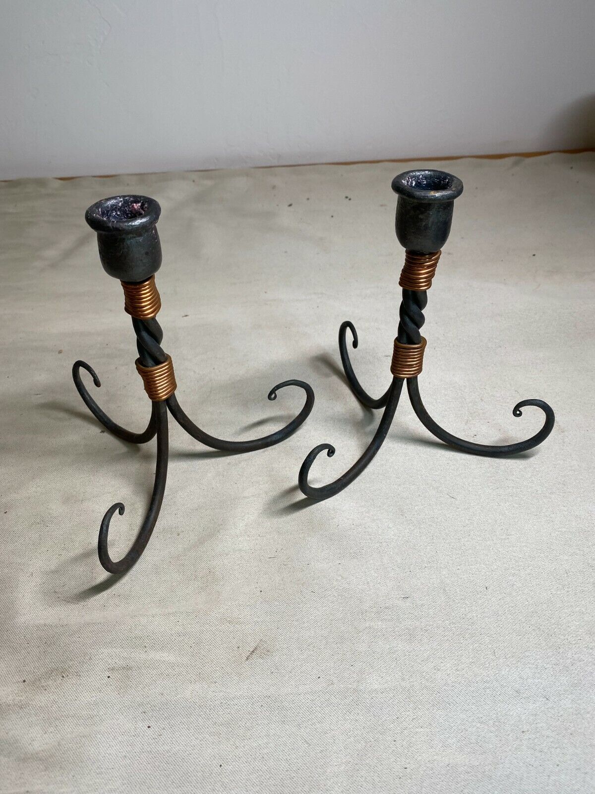 Very Nice Pair Blacksmith Made Candle Holders Iron and Copper Handmade