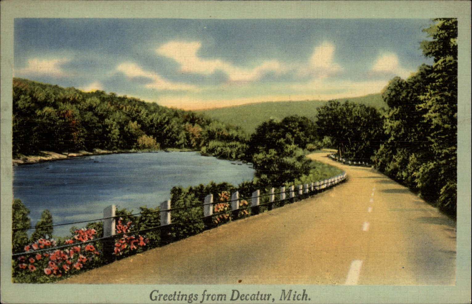 Michigan Decatur Greetings from lake road scene ~ 1930s linen postcard  ~ s0051