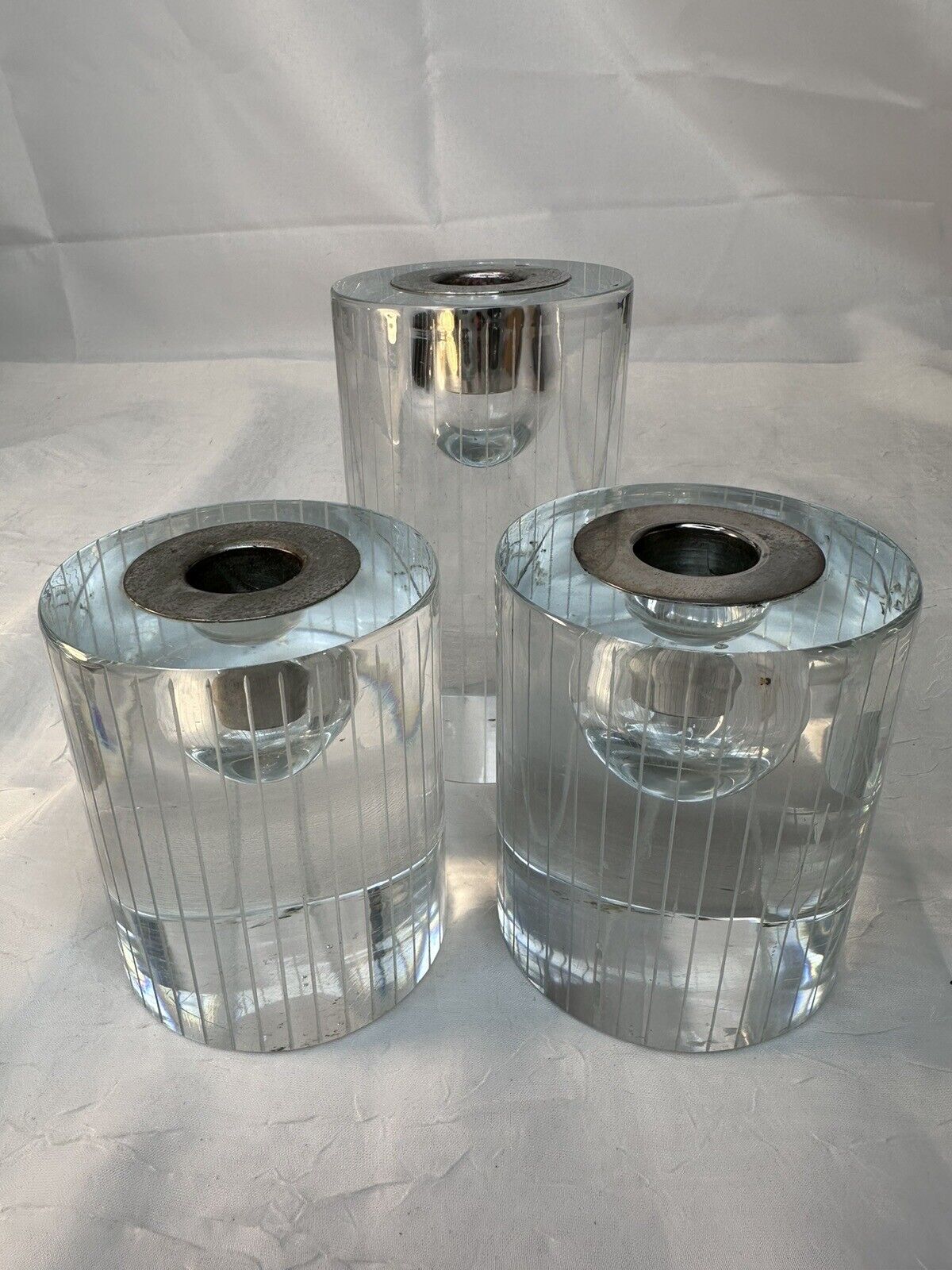 Vintage MCM Solid Clear Glass Candle Holders Set of 3 Heavy Striped