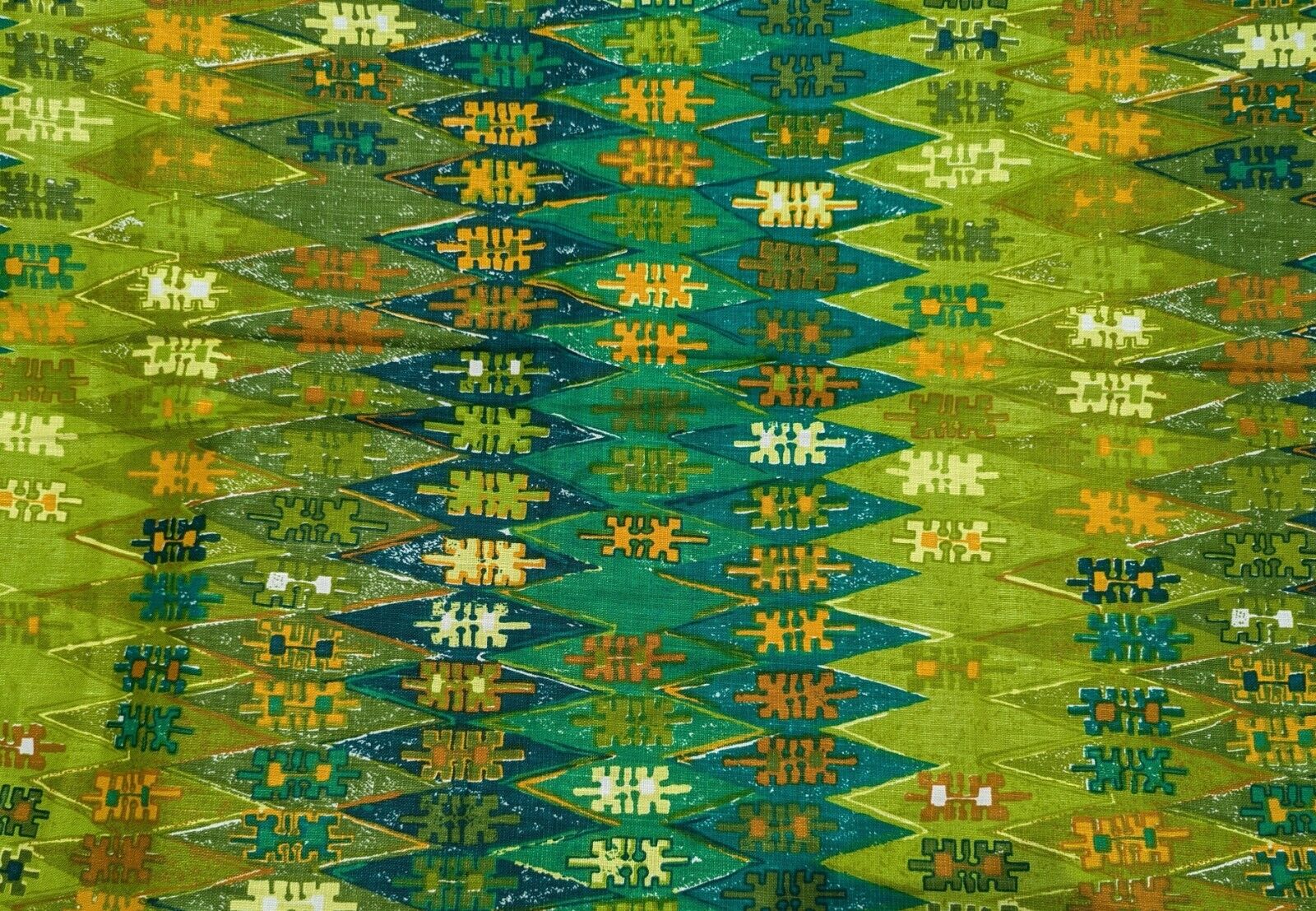 Vtg 60s Tiki Hawaiian Print Barkcloth Fabric Lime Avocado Green Abstract 65x50