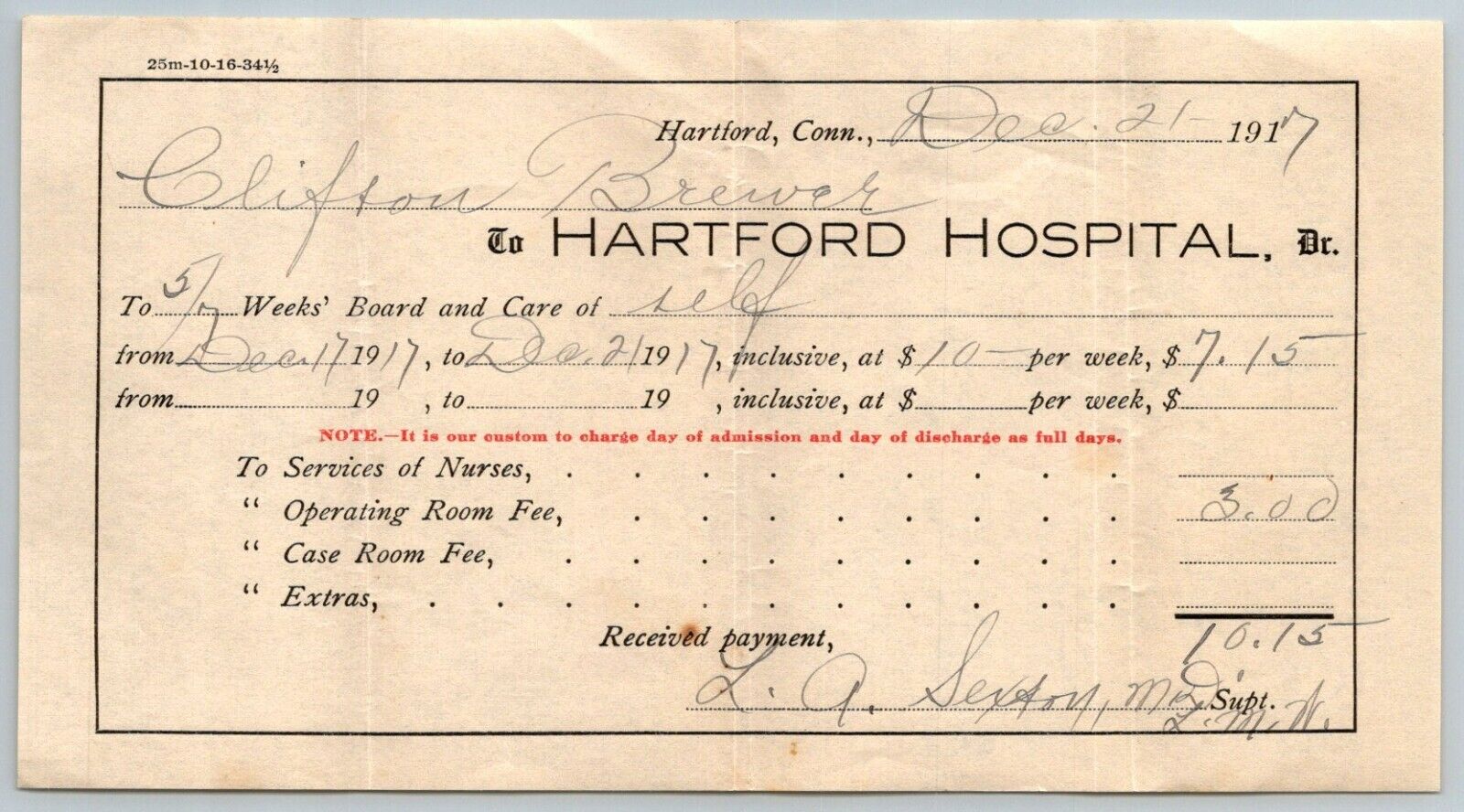 1917  Hartford  Hospital  Connecticut  Receipt 10\
